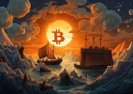 Digital illustration of a pirate ship in the sea with a bitcoin signの素材