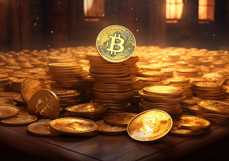 golden bitcoin on the background of the night city, 3d renderの素材