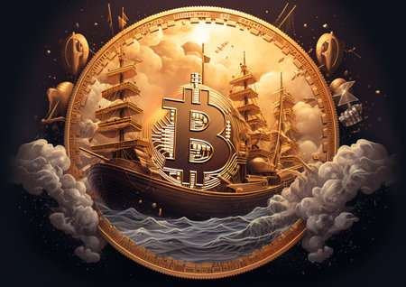 Bitcoin cryptocurrency coin on the background of the sea and ships. 3D illustrationの素材