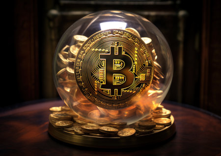 Bitcoin in a crystal ball on a dark background. 3d renderingの素材