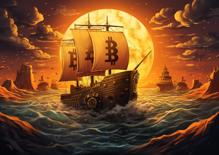 Digital illustration of a pirate ship sailing in the sea at sunset.の素材