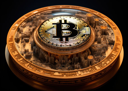 Golden bitcoin on a black background. Cryptocurrency concept. 3D illustration.の素材