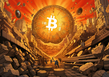 Bitcoin in the center of the earth. Conceptual image. 3D rendering.の素材