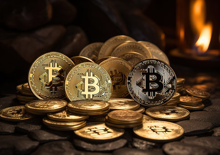 Bitcoins on a stone background. Cryptocurrency. Digital currency.の素材