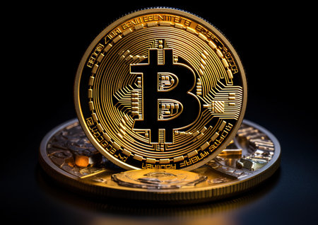 Bitcoin coin on a black background. Bitcoin is a modern way of exchange and this crypto currency is a convenient means of payment in the financialの素材