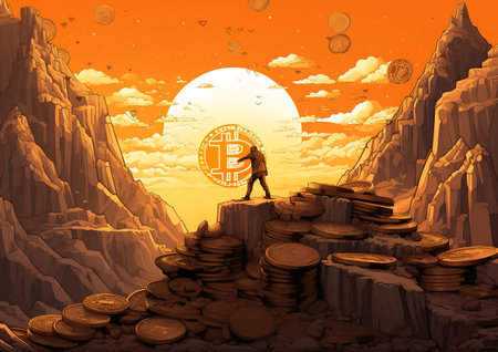 Illustration of a man walking on the top of a mountain and mining bitcoinの素材