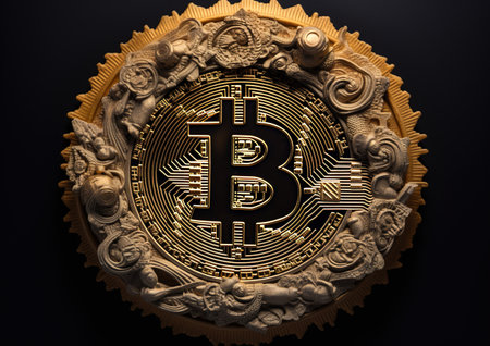 Golden bitcoin coin on black background. Cryptocurrency concept. 3D Renderingの素材