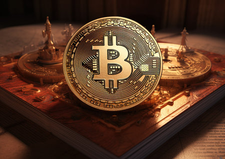 Golden Bitcoin on a book. Cryptocurrency concept. 3D illustration.の素材