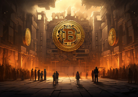 Golden bitcoin on the background of the night city. Digital currency.の素材