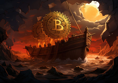Digital Illustration of a Pirate Ship with Bitcoin Coin in the Oceanの素材