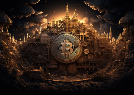 Bitcoin in a fantasy world. Digital currency. 3D illustration.の素材