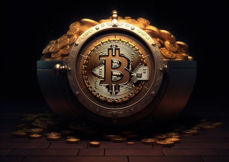 Golden coin with bitcoin symbol on a dark background. 3D renderingの素材