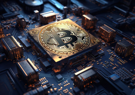 Golden bitcoin on the motherboard of the computer. 3D illustration.の素材