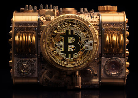 Golden Bitcoin Cryptocurrency on a black background. 3d illustrationの素材