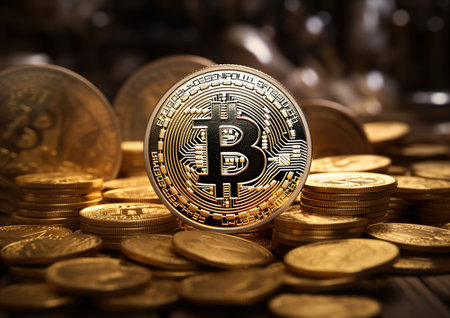 Golden Bitcoin on the background of gold coins. Cryptocurrency concept.の素材