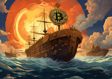 Digital painting of a pirate ship with a golden bitcoin in the oceanの素材