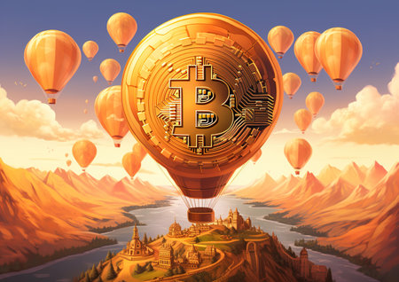 Bitcoin flying on a hot air balloon. 3D rendering. Digital illustration.の素材