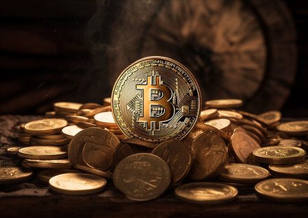 Golden Bitcoin coin on a pile of gold coins. Cryptocurrency concept.の素材