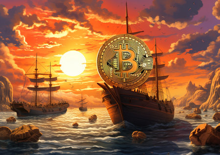 Bitcoin on the background of the sea and a pirate ship. Digital illustration.の素材