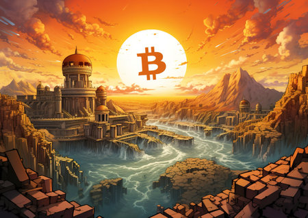 Fantasy landscape with a bitcoin in the sky. 3d renderの素材