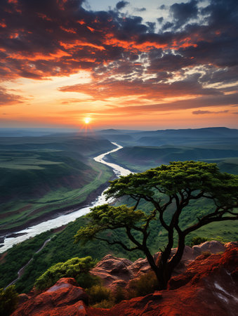 Sunset over the river in the mountains. Landscape with a tree.の素材