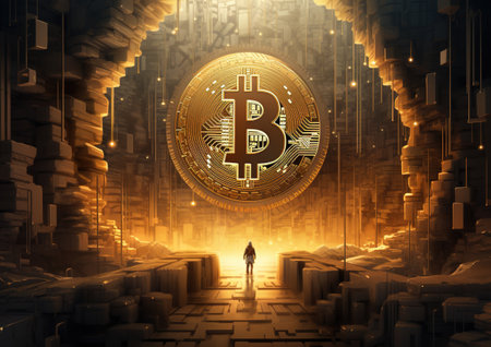 Businessman standing in front of a tunnel with bitcoin. 3D renderingの素材