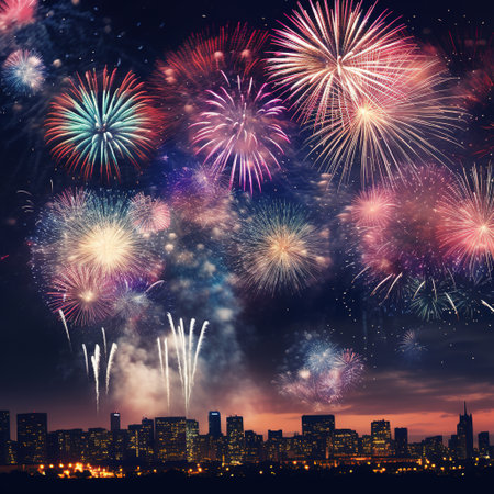 Colorful fireworks over night cityscape background. Celebration and holiday conceptの素材