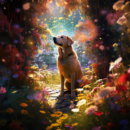 Labrador retriever sitting in a flower garden. 3D renderingの素材