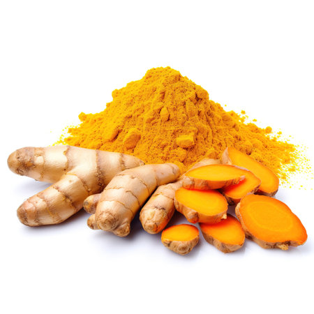 Turmeric powder and fresh turmeric root isolated on white background cutoutの素材