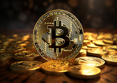 Bitcoin cryptocurrency on the background of gold coins. 3D illustration.の素材