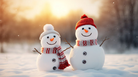 Two snowman in red hats and scarves standing in the snow at sunset.の素材