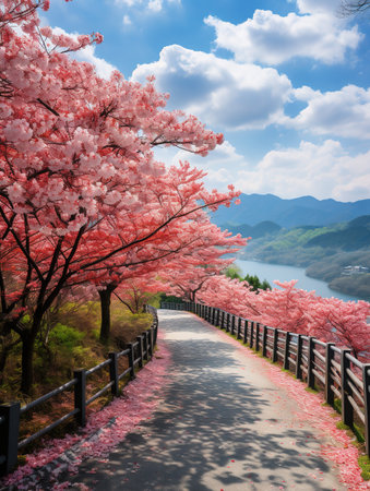 Cherry blossoms in full bloom along the road with lake and mountain backgroundの素材