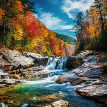Autumn landscape with a waterfall in the mountains. Colorful forestの素材