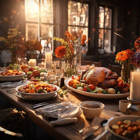 Thanksgiving dinner in rustic style with roasted turkey and cutlery on wooden tableの素材