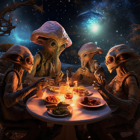 3D rendering of a group of alien friends having a dinner at the table.の素材