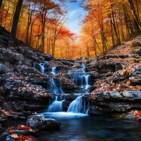 Autumn waterfall in the forest. Colorful autumn forest landscape.の素材
