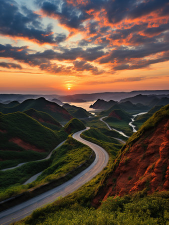 Sunset over the mountain range and winding road. Beautiful landscape.の素材