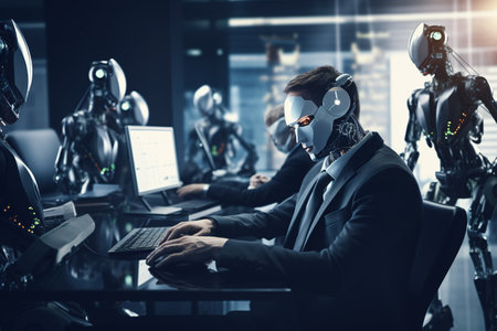 Portrait of a handsome young man in a suit and mask working on a computer in a modern office.の素材