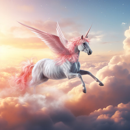 Unicorn flying in the sky with clouds. 3d renderingの素材