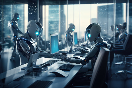 Group of robots working together in a modern office. 3D rendering.の素材