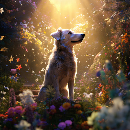 Golden Retriever dog sitting in the garden with flowers and sunlightの素材