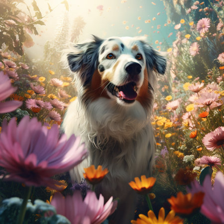 Portrait of a beautiful australian shepherd on a background of flowersの素材