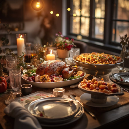Christmas table with turkey and other traditional dishes. Thanksgiving dinner in rustic style.の素材