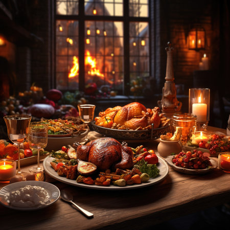 Thanksgiving dinner table with roasted turkey and other food on wooden tableの素材