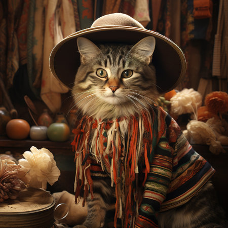 Siberian cat in a hat and scarf on the background of the old room.の素材