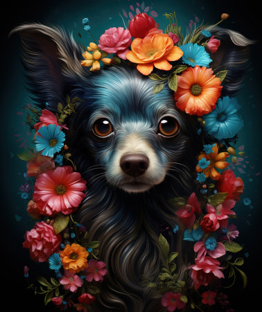 Portrait of a chihuahua with a wreath of flowersの素材