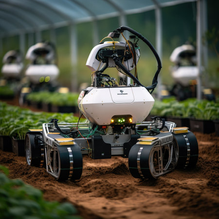 Miniature robot working in a greenhouse. Smart agriculture technology concept.の素材