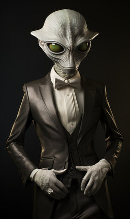 Portrait of a man in an alien costume on a dark backgroundの素材