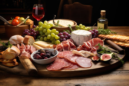 Antipasto platter with ham, salami, cheese and grapesの素材