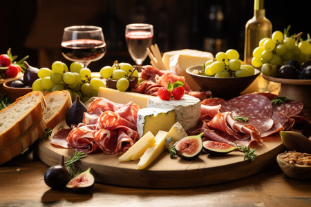 Cheese plate with prosciutto crudo or jamon, salami, camembert or jamon and grapesの素材
